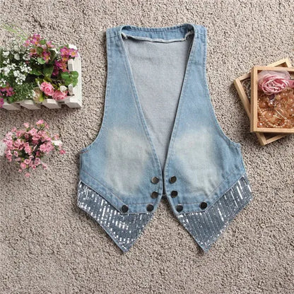 Women Denim Vest Coats Spring Summer Casual Tops Fashion Sequins Jeans Outerwear Female Vests Short Sleeveless Jacket Waistcoat