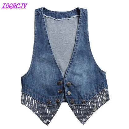 Women Denim Vest Coats Spring Summer Casual Tops Fashion Sequins Jeans Outerwear Female Vests Short Sleeveless Jacket Waistcoat