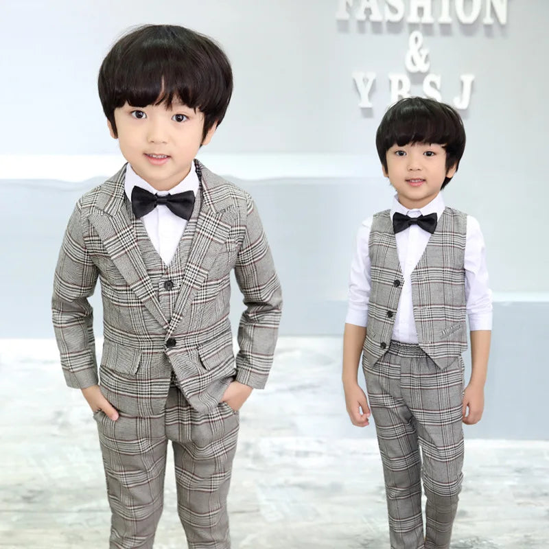 Flower Boys Formal School Suits for Weddings Boys Brand Plaid Blazer Vest Pants 3pcs Tuxedo Kids Prom Party Dress Clothing Sets