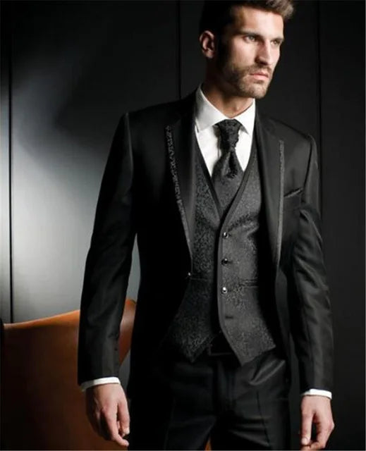 Embossing Slim Fit Wedding Tuxedo for Groom 3 Piece Men's Suits Jacket Waistcoat with Pants Notched Lapel Male Costume Coat