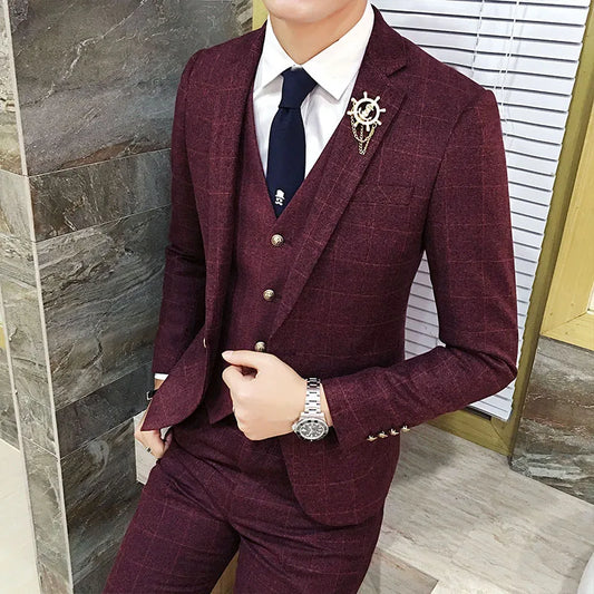 Men's Plaid 3 Piece Suit Single Breasted Slim Fit for Weddings and Formal Occasions
