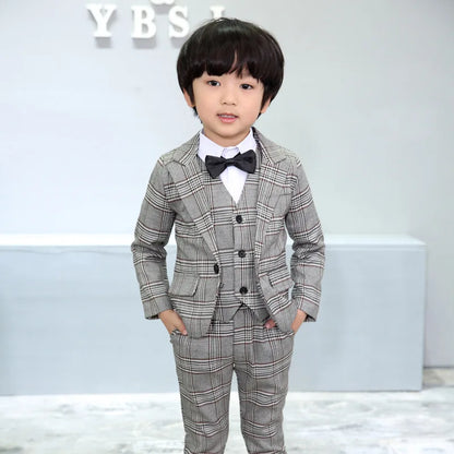 Flower Boys Formal School Suits for Weddings Boys Brand Plaid Blazer Vest Pants 3pcs Tuxedo Kids Prom Party Dress Clothing Sets