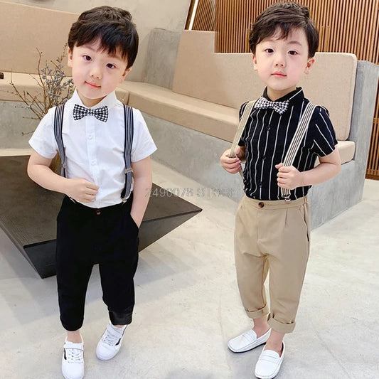 Boys School Uniform Kids Formal Strap Shirt +Pants Clothing Set Children Wedding Birthday Dress Girls Piano Performance Costume