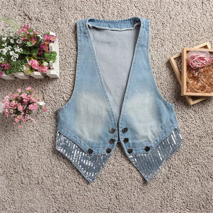 Women Denim Vest Coats Spring Summer Casual Tops Fashion Sequins Jeans Outerwear Female Vests Short Sleeveless Jacket Waistcoat