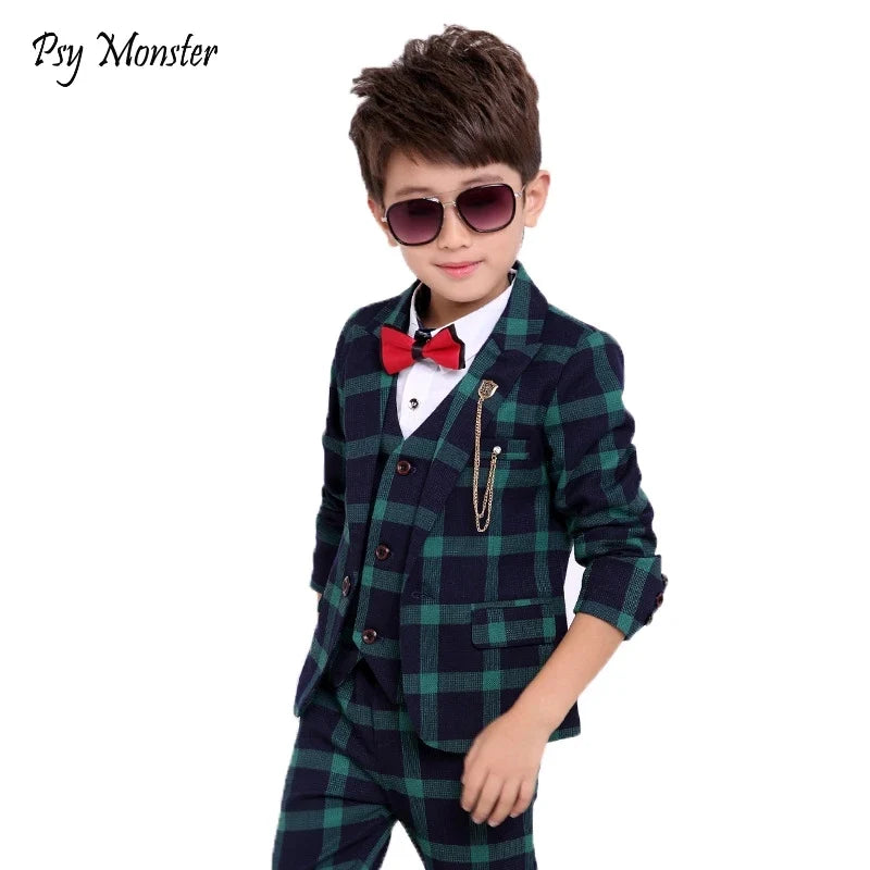 Flower Boys Formal School Suits for Weddings Boys Brand Plaid Blazer Vest Pants 3pcs Tuxedo Kids Prom Party Dress Clothing Sets