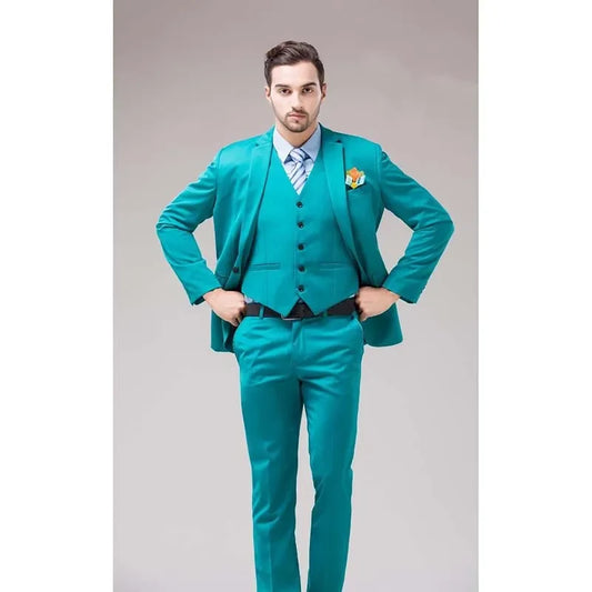 Green Blue Groom Tuxedos Notch Lapel Men's Suit Turquoise Bridegroom Wedding Dinner Best Man Suit (Jacket+Pants+Vest)