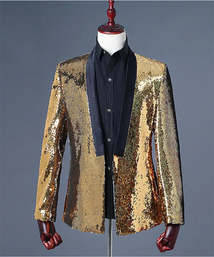 Men's Double-Sided Sequin Tuxedo Blazer Fashion Glitter Suit Jacket Prom Evening Party Host Stage Nightclub Male Singer Costume