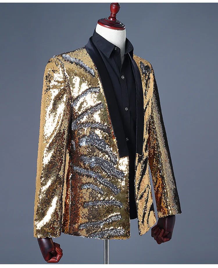 Men's Double-Sided Sequin Tuxedo Blazer Fashion Glitter Suit Jacket Prom Evening Party Host Stage Nightclub Male Singer Costume