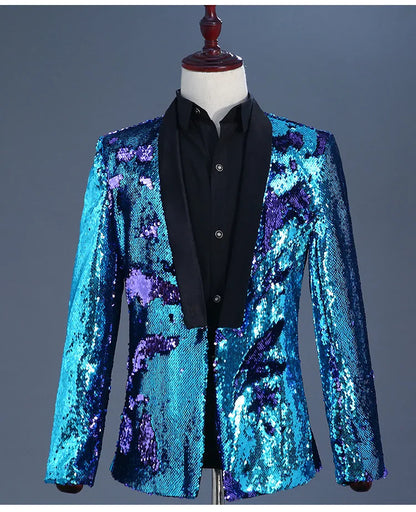 Men's Double-Sided Sequin Tuxedo Blazer Fashion Glitter Suit Jacket Prom Evening Party Host Stage Nightclub Male Singer Costume