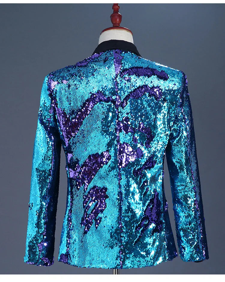 Men's Double-Sided Sequin Tuxedo Blazer Fashion Glitter Suit Jacket Prom Evening Party Host Stage Nightclub Male Singer Costume