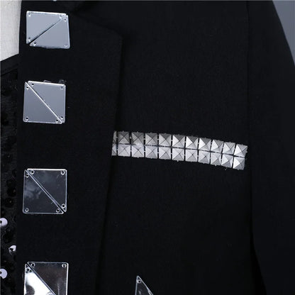 Male Black Mirror Rivet Blazer Men Singer Bar Nightclub Sequins Tassel Tuxedo Jacket Performance Stage Slim Coat Costume