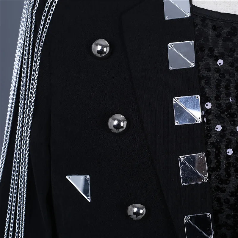 Male Black Mirror Rivet Blazer Men Singer Bar Nightclub Sequins Tassel Tuxedo Jacket Performance Stage Slim Coat Costume