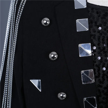 Male Black Mirror Rivet Blazer Men Singer Bar Nightclub Sequins Tassel Tuxedo Jacket Performance Stage Slim Coat Costume
