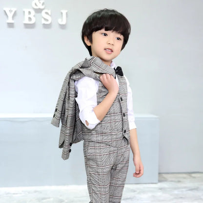 Flower Boys Formal School Suits for Weddings Boys Brand Plaid Blazer Vest Pants 3pcs Tuxedo Kids Prom Party Dress Clothing Sets