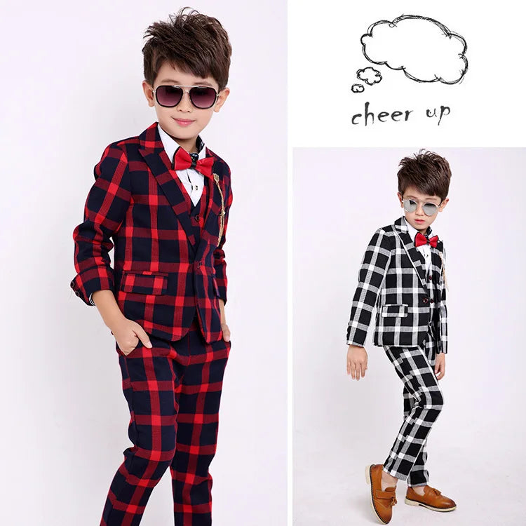 Flower Boys Formal School Suits for Weddings Boys Brand Plaid Blazer Vest Pants 3pcs Tuxedo Kids Prom Party Dress Clothing Sets