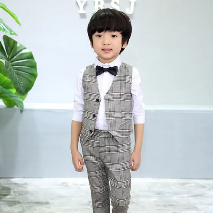 Flower Boys Formal School Suits for Weddings Boys Brand Plaid Blazer Vest Pants 3pcs Tuxedo Kids Prom Party Dress Clothing Sets