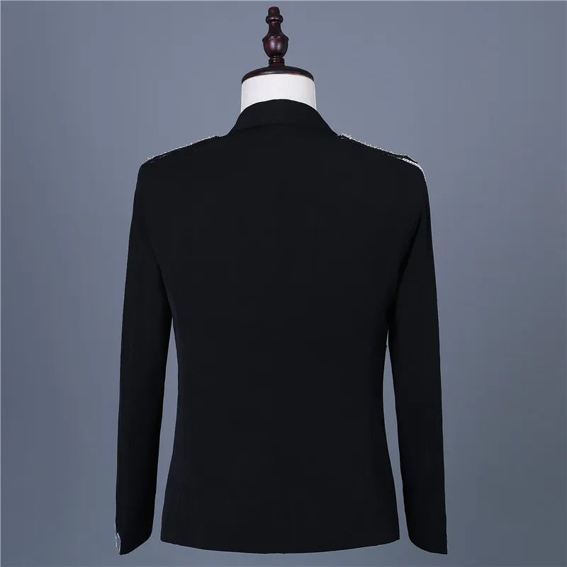 Male Black Mirror Rivet Blazer Men Singer Bar Nightclub Sequins Tassel Tuxedo Jacket Performance Stage Slim Coat Costume