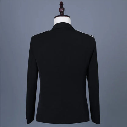 Male Black Mirror Rivet Blazer Men Singer Bar Nightclub Sequins Tassel Tuxedo Jacket Performance Stage Slim Coat Costume