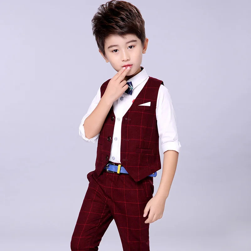 2021 New Vest Pants 2PCS Kids Plaid Wedding Suit Brand Flower Boys Formal Tuxedos School Suit Kids Spring Clothing Set