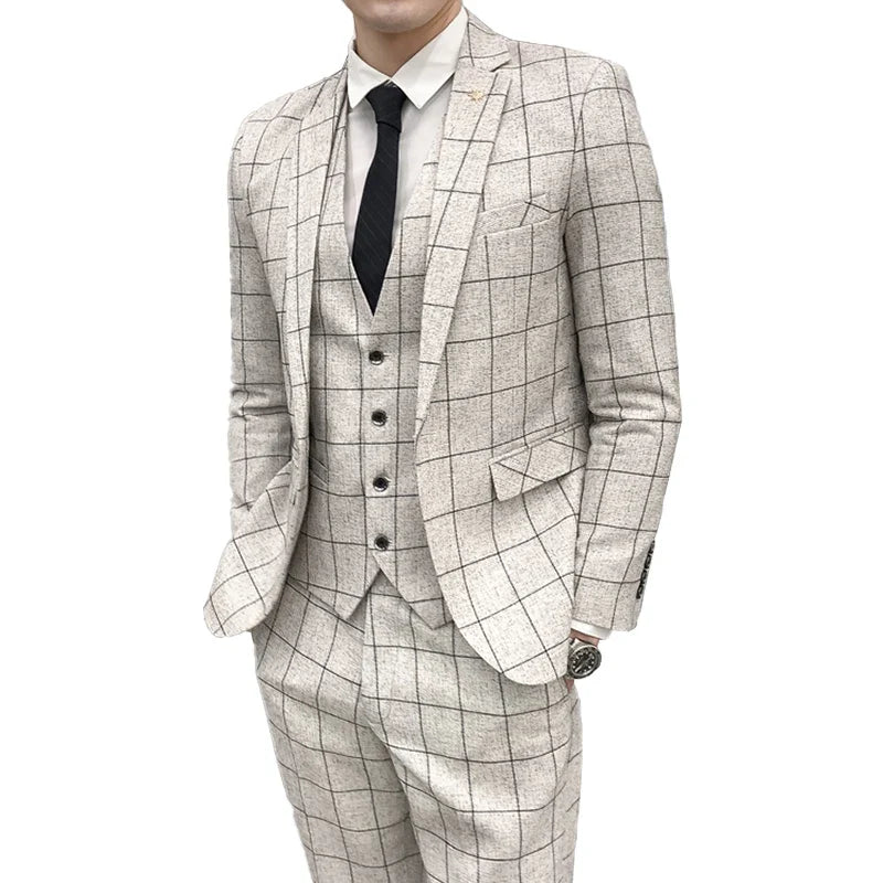 Men's Plaid Formal Business Suit – Jacket, Vest & Pants | Smart Casual Wedding Suit