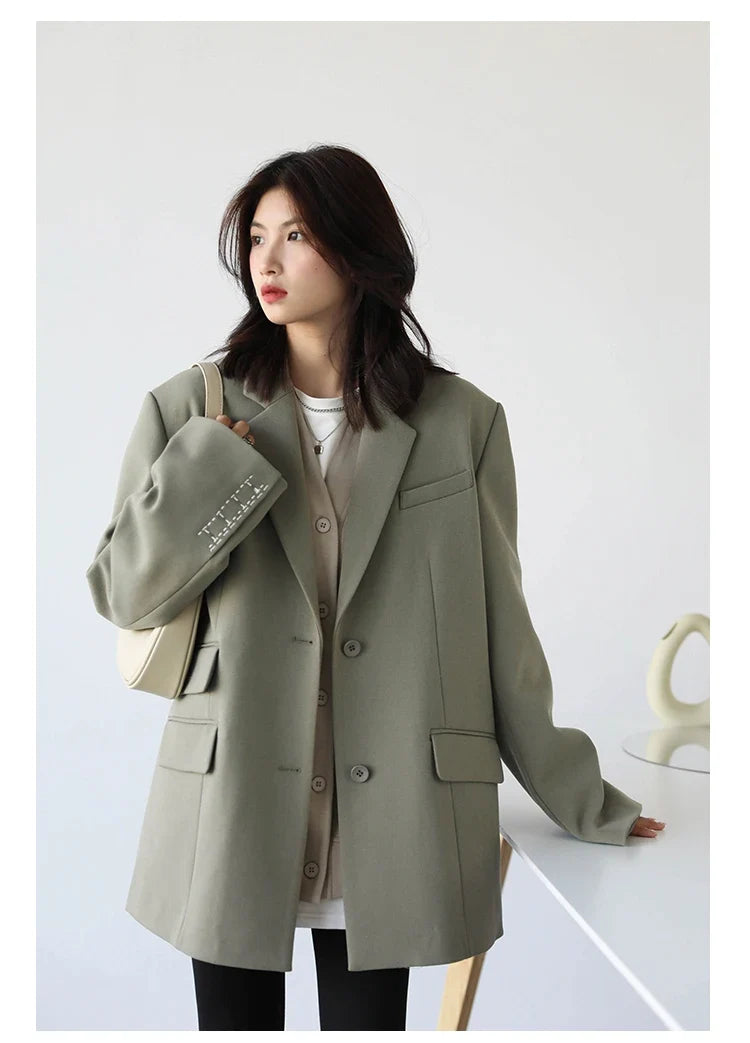 Women Office Lady Blazer Cuff Embroidery Wide Shoulder Twill Suit Women's Autumn Ladies Outerwear  Stylish Tops