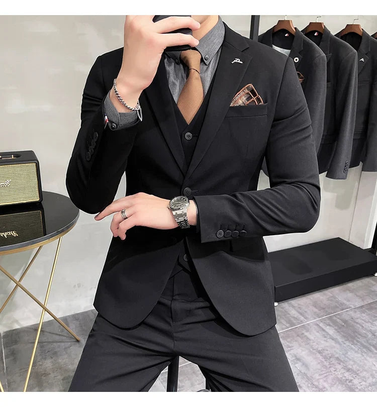 Plus Size S-7XL Man Korean Slim Fit Custom Groom Business Casual Tuxedo Blazers Vest Pant Casual Wedding Social Tuxedo Dress