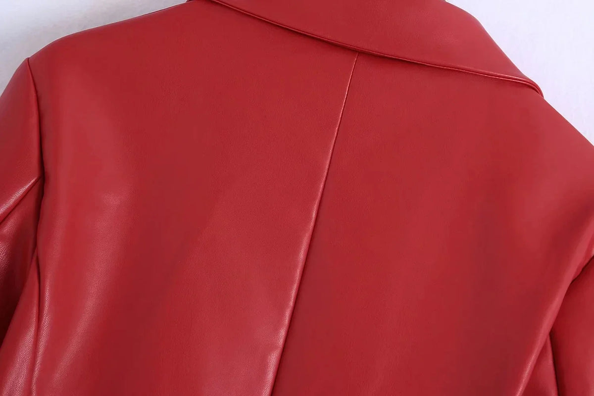 Women Fashion Notched Double Breasted PU Leather Blazers Coat Casual Straight Long Sleeve Back Vents Female Outerwear Chic Tops