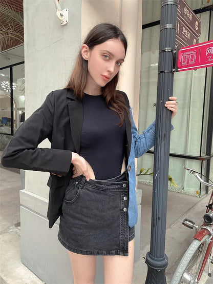 Women Vintage Fashion Blazer Denim Patchwork Jackets 2022 Autumn Winter Irregular Coat Women Long Sleeve Loose Korean Outerwear