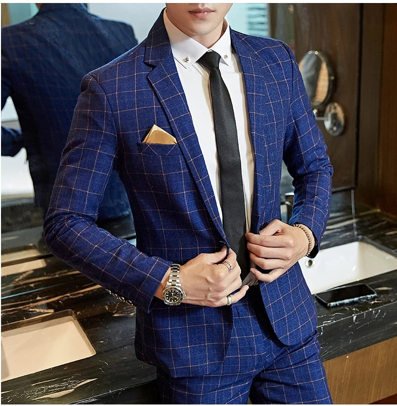 Men's Plaid Smart Casual Blazer Slim Fit Single Button Suit Jacket for Wedding & Business