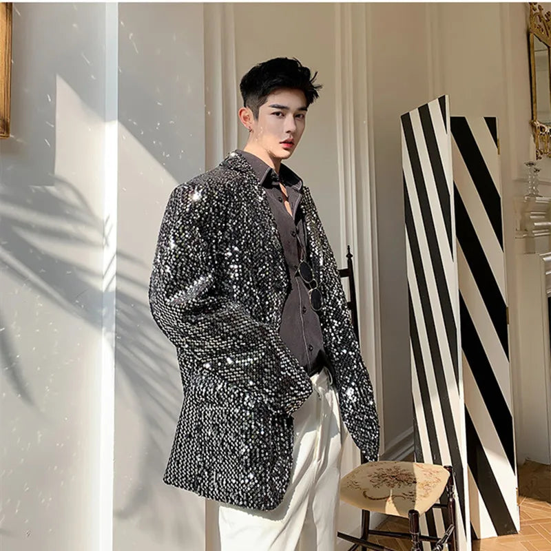 Sparkly Black Sequins Blazer Jacket Evening Party Nightclub Bar Male Singer Stage Performance Costume Fashion Loose Casual Coat