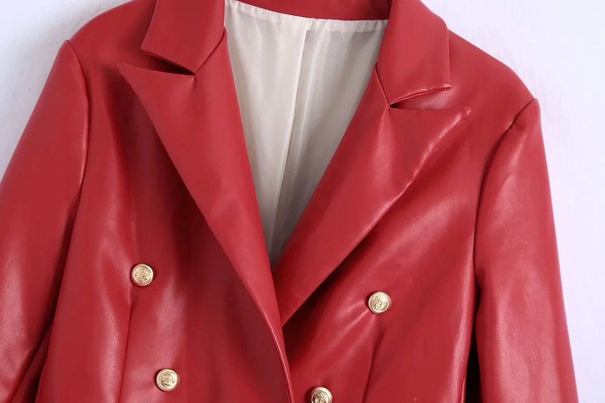 Women Fashion Notched Double Breasted PU Leather Blazers Coat Casual Straight Long Sleeve Back Vents Female Outerwear Chic Tops