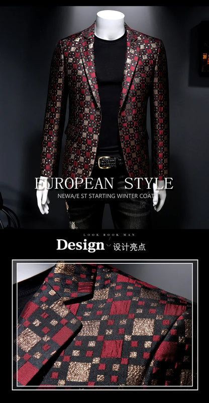 Autumn New Luxury Men Slim Fit Lattice Stage Casual Suit Coat New Silver Burgundy Green Men Groom Wedding Suit Lattice Coats