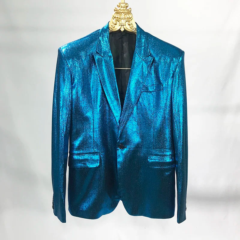 Bar Nightclub Shinny Silver Blue Green Blazer For Male Singer Host Stage Performance Costume Thin Style Slim One Button Coat