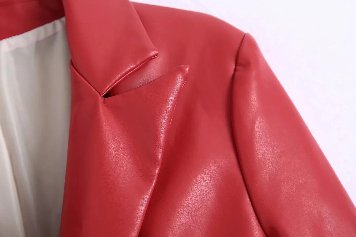 Women Fashion Notched Double Breasted PU Leather Blazers Coat Casual Straight Long Sleeve Back Vents Female Outerwear Chic Tops
