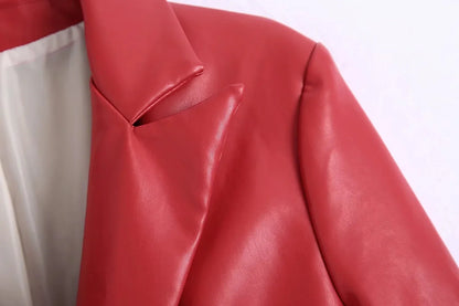 Women Fashion Notched Double Breasted PU Leather Blazers Coat Casual Straight Long Sleeve Back Vents Female Outerwear Chic Tops
