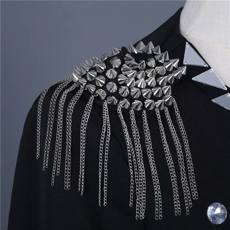 Men's Fashion Silver Black Rivet Sequined Slim Fit Jacket Punk Style Stage Performance Coat Bar Singer Host Nightclub Stage Wear