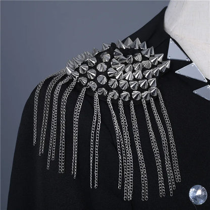 Men's Fashion Silver Black Rivet Sequined Slim Fit Jacket Punk Style Stage Performance Coat Bar Singer Host Nightclub Stage Wear