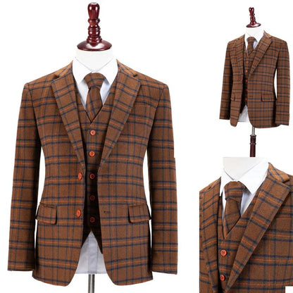3 Pieces Men Suite Costume Homme Plaid Vintage Single Breasted Formal Business Wedding Groom Customized Causal Prom