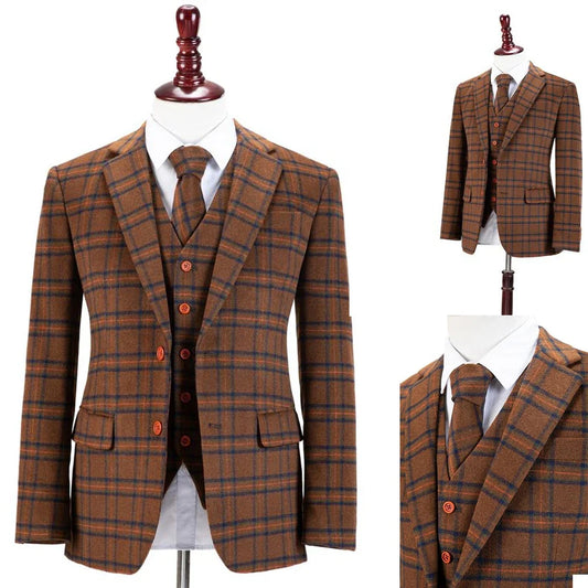 3 Pieces Men Suite Costume Homme Plaid Vintage Single Breasted Formal Business Wedding Groom Customized Causal Prom