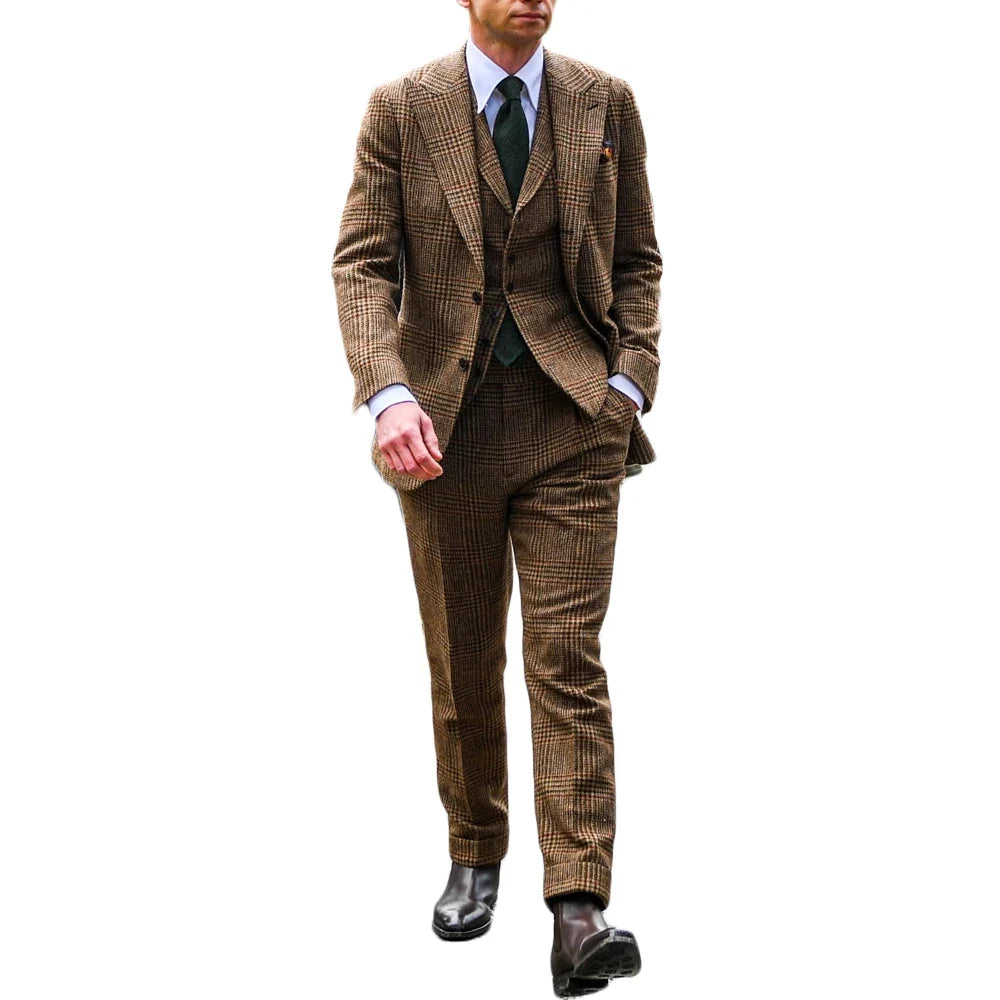 Costume Homme 3 Pieces Plaid British Style Men Suits Tailor-Made Gray Fashion Groom Tuxedos Wedding Coat Fashion Causal Prom