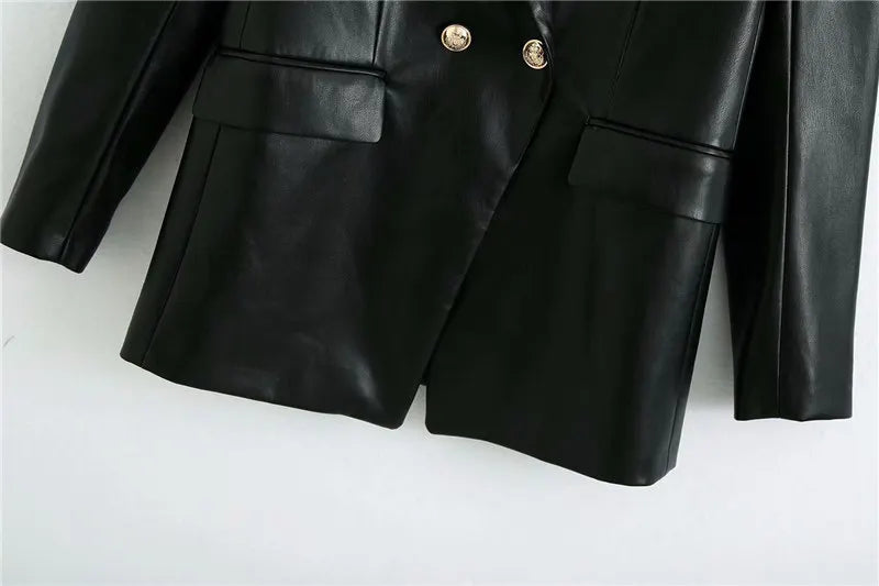 Women Fashion Notched Double Breasted PU Leather Blazers Coat Casual Straight Long Sleeve Back Vents Female Outerwear Chic Tops