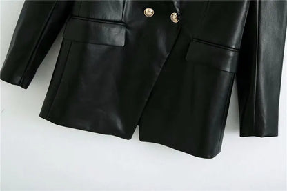Women Fashion Notched Double Breasted PU Leather Blazers Coat Casual Straight Long Sleeve Back Vents Female Outerwear Chic Tops