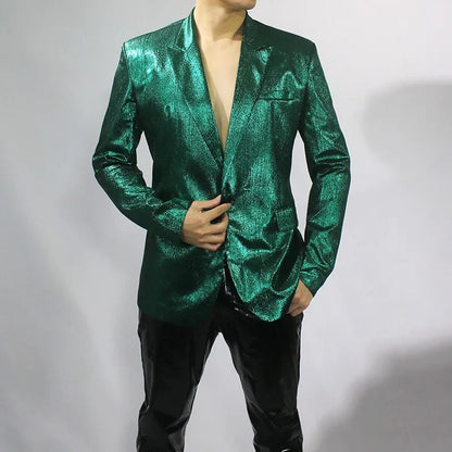 Bar Nightclub Shinny Silver Blue Green Blazer For Male Singer Host Stage Performance Costume Thin Style Slim One Button Coat
