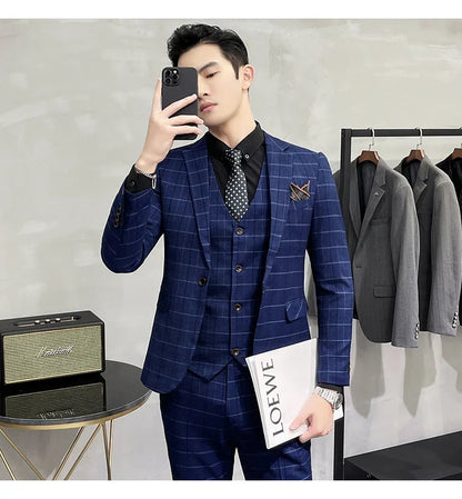 (Jackets +Pants+Vest) Luxury Men Groom Wedding Tuxedo Fashion Plaid Business Suits High Quality Casual Business Suit Three-piece