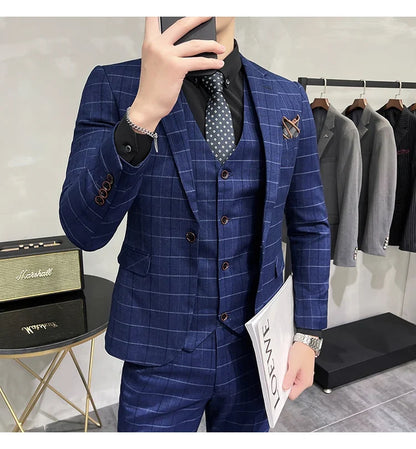(Jackets +Pants+Vest) Luxury Men Groom Wedding Tuxedo Fashion Plaid Business Suits High Quality Casual Business Suit Three-piece