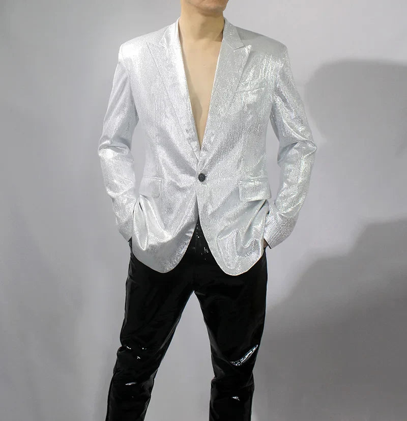 Bar Nightclub Shinny Silver Blue Green Blazer For Male Singer Host Stage Performance Costume Thin Style Slim One Button Coat