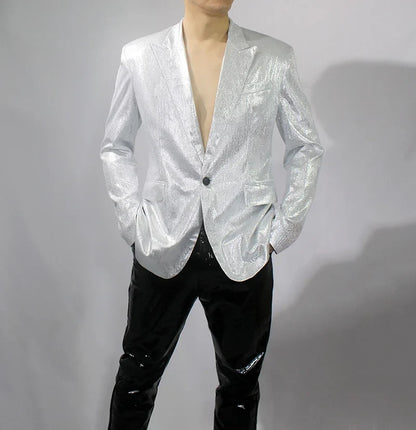Bar Nightclub Shinny Silver Blue Green Blazer For Male Singer Host Stage Performance Costume Thin Style Slim One Button Coat