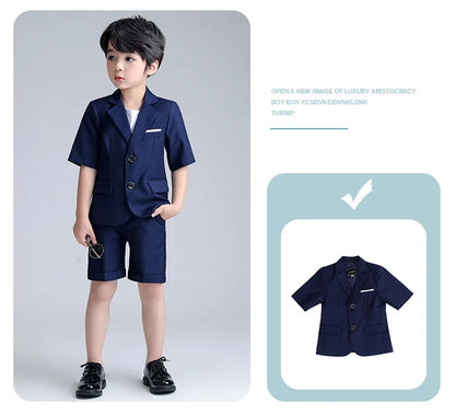 Boys Summer Blazer Jacket +Shorts 2PCS Clothing Set School Kids Wedding Tuxedo Dress Children Chorus Performance Dress Costume