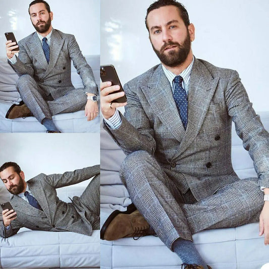 Vintage Men Plaid Tuxedos Tailor-Made 2 Pieces Double Breasted Slim Fit Blazer Vintage Plaid Jackets Formal Business Causal Prom