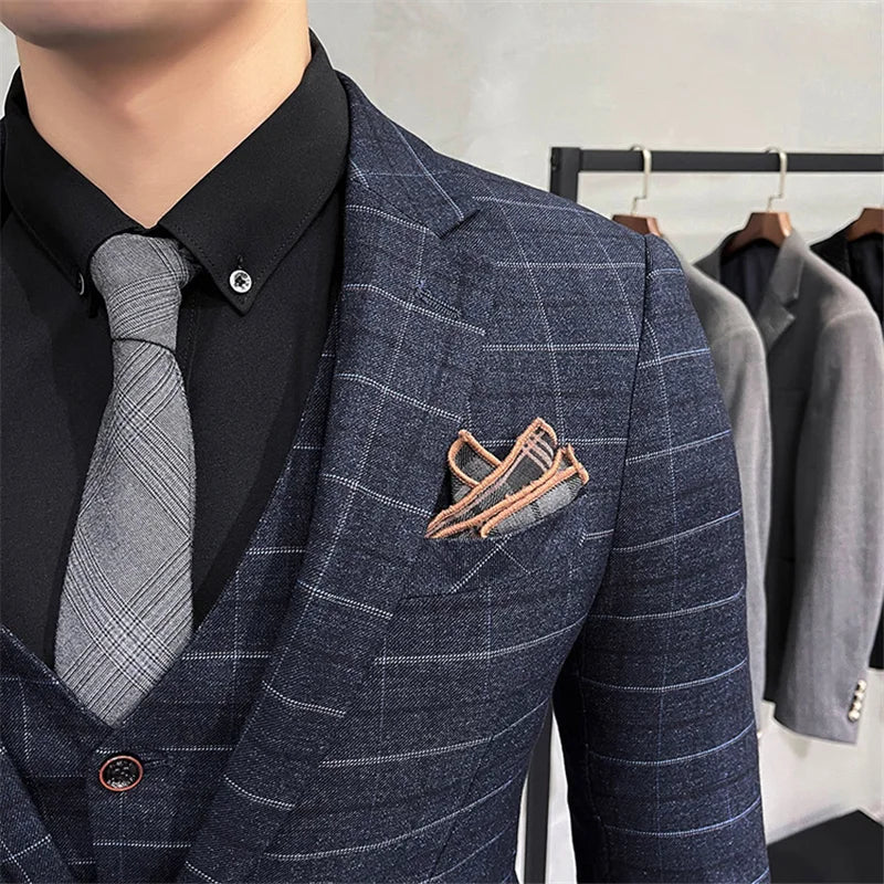 (Jackets +Pants+Vest) Luxury Men Groom Wedding Tuxedo Fashion Plaid Business Suits High Quality Casual Business Suit Three-piece